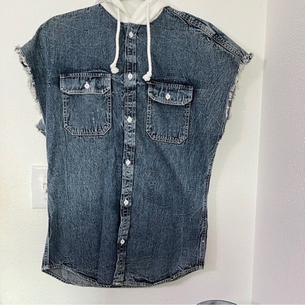 INC Sleeveless Denim Shirt Tiger Graphic Patch Back XS